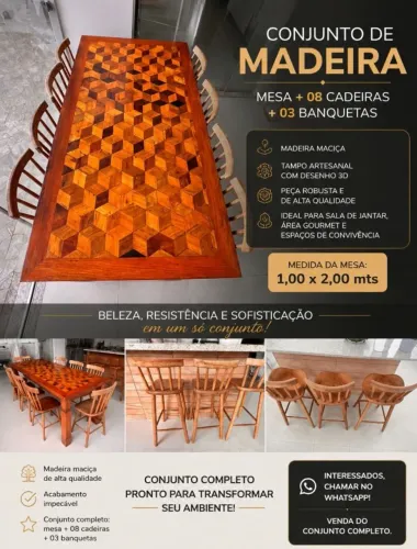 Mesa Madeira 1.00mt x 2.00mt com 08 Cadeiras e 03 Banquetas.