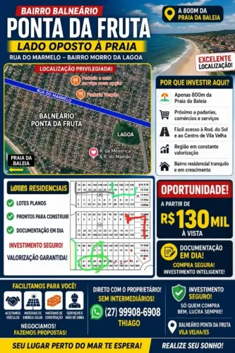 2 DOIS LOTES EM PONTA DA FRUTA | VILA VELHA | 360M²+ | PRAIA, RODOVIA DO SOL E INVESTIMENT