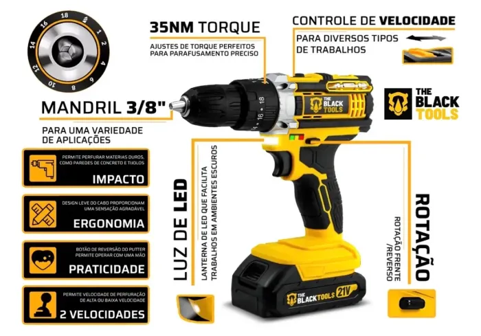 Parafusadeira E Furadeira Impacto The Black Tools Tb-21pw 3/8 Frequência 50/60 Hz