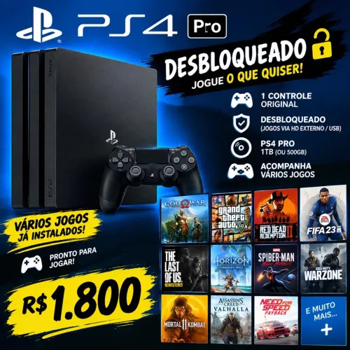 Ps4 Pro 1Tb - DESBLOQUEADO - IMPECÁVEL