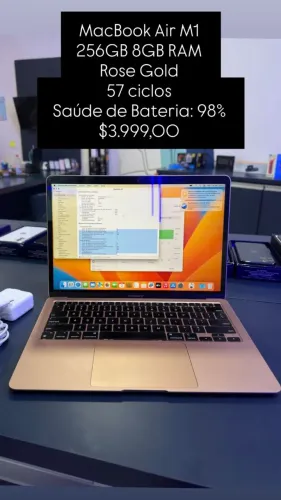 Macbook Air M1 / 256GB 8GB RAM/ Rose Gold / 57 ciclos / bateria: 98% / Original / $3.999