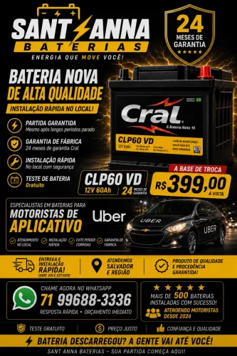 ? Bateria Cral 60Ah Nova | 24 Meses Garantia | R$ 499 à Base de Troca