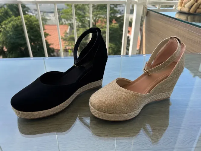     Sapato Anabela Feminino Novo Tam. 34 - Preto e Bege
