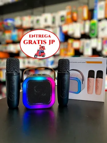 CAIXA DE SOM MINI COM 2 MICROFONES KARAOKÊ <br>?R$ 89,99