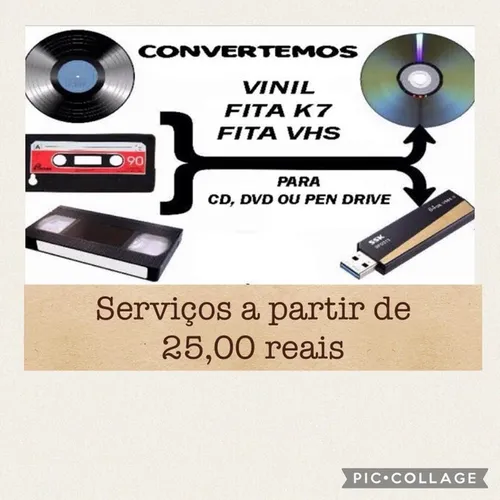 Conversão de fita k7 Lp vinil Vhs fita de rolo, minidisc md dvd hi8 minidv  digital
