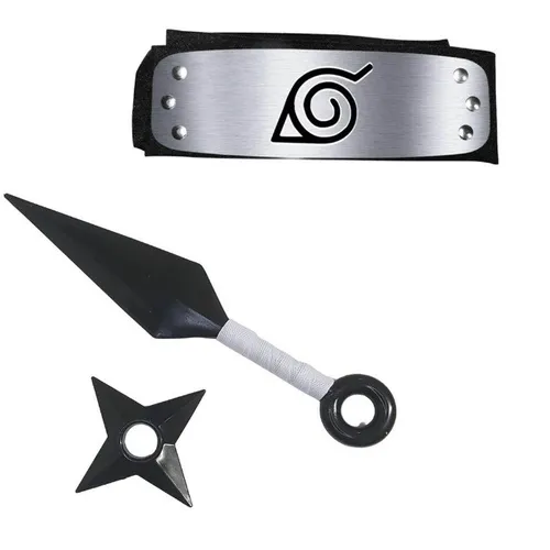 Kit Ninja Naruto Shippuden Kunai 23,5cm e Shuriken 10cm Bandana de Konoha Folha Acessórios