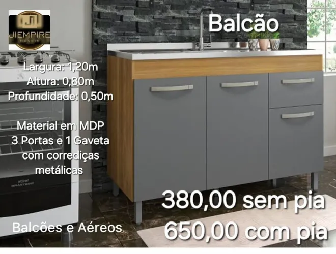 Balcão de Cozinha 1,20m MDP 3 Portas e 1 Gaveta