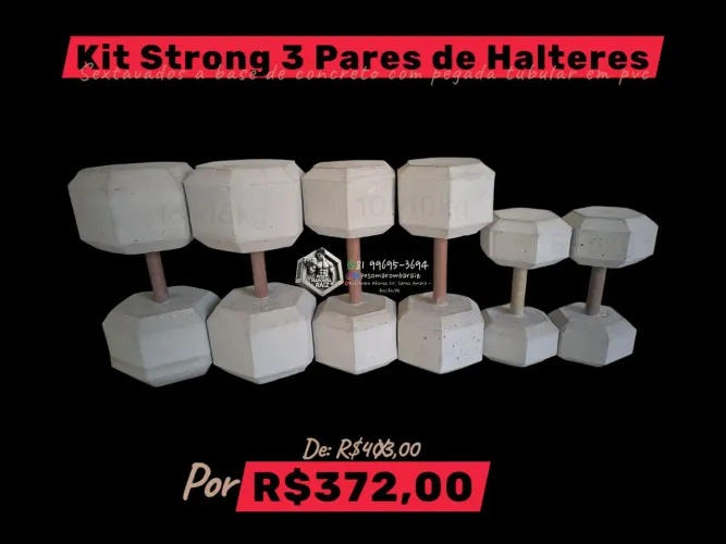 Kit Strong 3 Par de Halteres de Concreto 16kg, 10kg e 5kg