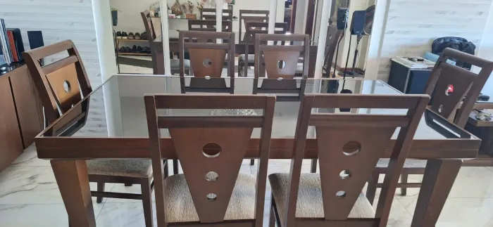Mesa tampo de vidro c/ 6 cadeiras