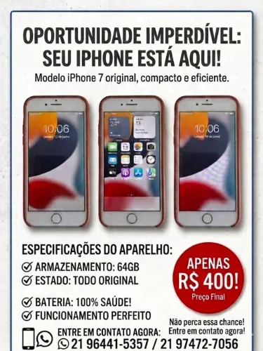 Iphone 7 mine, 64gb , perfeito, bateria 100%. 400,00