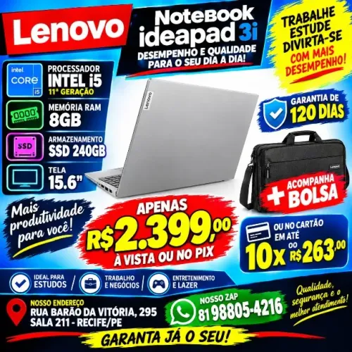 Notebook Lenovo IdeaPad 3 Intel Core i5-1135G7 8GB 256GB SSD 15.6" FHD - Em ate 10x Fixas