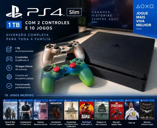 PS4 Slim 1TB + 2 Controles + 10 Jogos