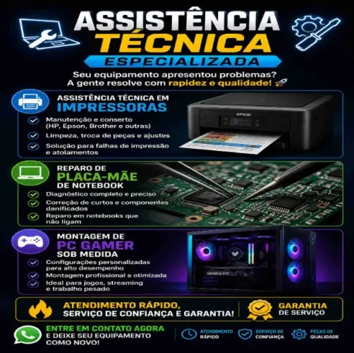 Assistencia técnica impressora, Montagem computador gamer, reparo placa notebook