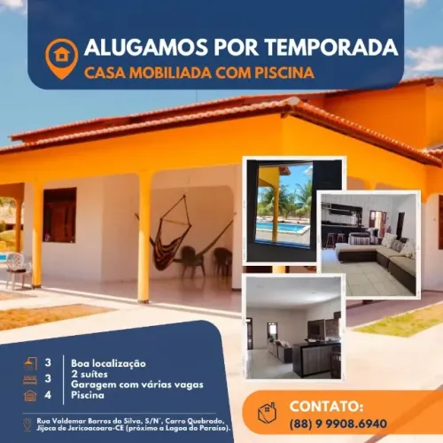 Casa com piscina, próximo a lagoa do Paraiso em Jeri, 5 quartos,5 vagas ,5 banheiros.