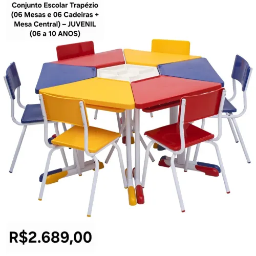 Conjunto Escolar Trapézio (06 Mesas e 06 Cadeiras + Mesa Central) - JUVENIL (06 a 10 ANOS)