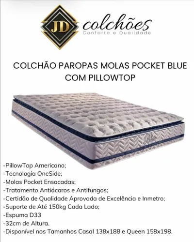 Colchão Casal e Queen Molas Ensacadas Pillow Top Espuma D33 32cm de Altura Suporte 150kg