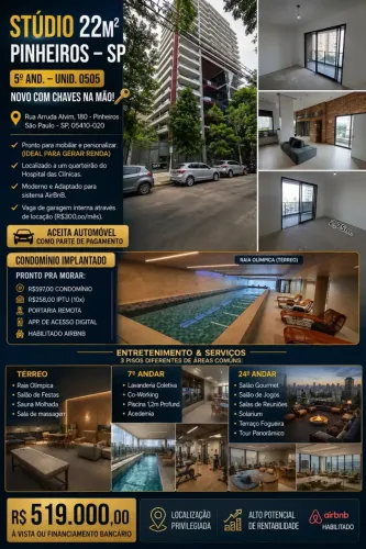 Imóvel para venda tem 22 metros quadrados com 1 quarto em Pinheiros - São Paulo - SP
