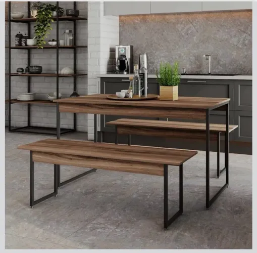 Mesa de jantar estilo industrial c/ 2 bancos