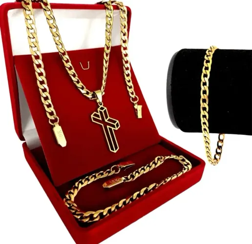 Kit Grumet Cordão Banhada A Ouro 70 Cm + Pulseira E Pingente