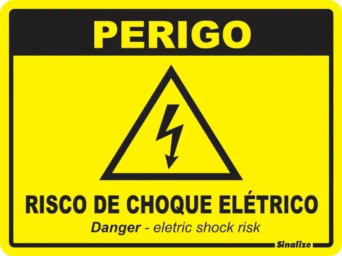 PLACA EM POLIESTIRENO 15X20CM - PERIGO RISCO DE CHOQUE ELÉTRICO PORT/INGLÊS