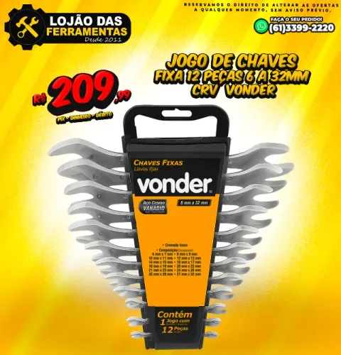 Jogo de Chaves Fixa 12 Peças 6 a 32mm CRV  Vonder