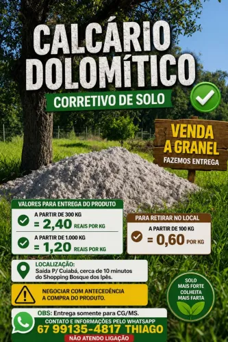 CALCÁRIO DOLOMÍTICO(CORRETIVO DE SOLO).FAZEMOS ENTREGA!!! LEIAM TODA A DESCRIÇÃO ABAIXO 