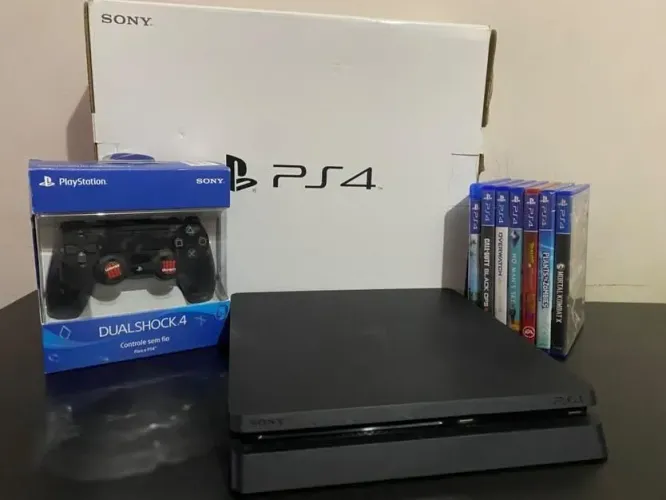 PS4 Slim 1TB + Caixa + Controle Original + 7 Jogos