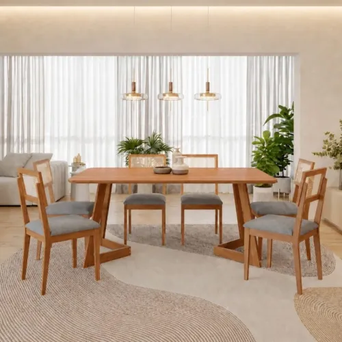 Mesa de Jantar Madeira/Off White com 6 Cadeiras Palmas Linho tt77
