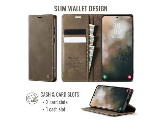 Capa Carteira CASEME Alto Padrão Em Couro Com RFID Para Samsung S26