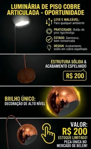 Luminária em arco estilo cobre