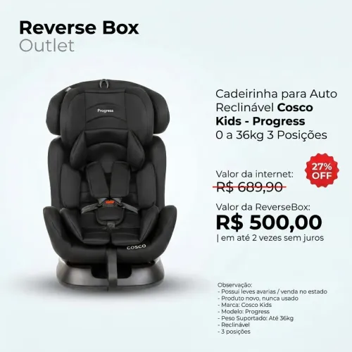 Cadeirinha para Auto Reclinável Cosco Kids Progress - 0 a 36 kg | 3 Posições
