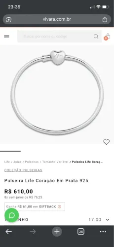 Pulseira vivara life coração prata 925