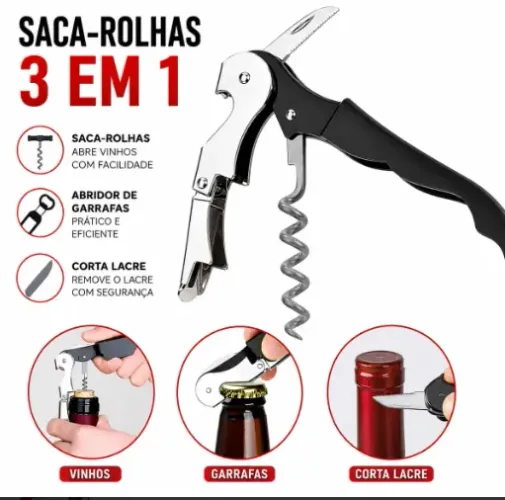 Abridor De Garrafa Vinho Saca Rolha Profissional Sommelier Inox Manual 2 Estágios