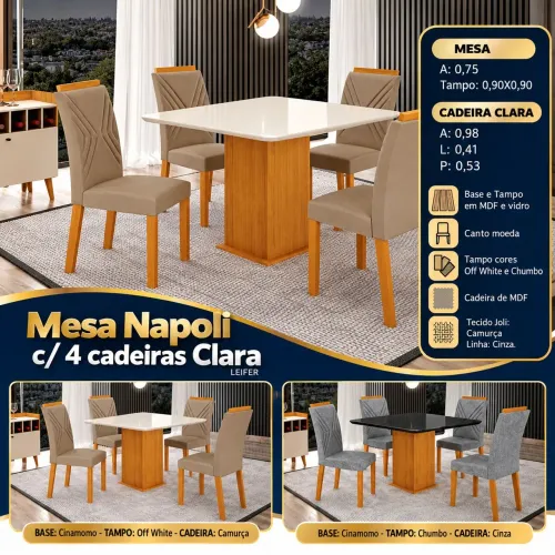 MESA NAPOLI 90X90 VIDRO C/ 4 CADEIRAS