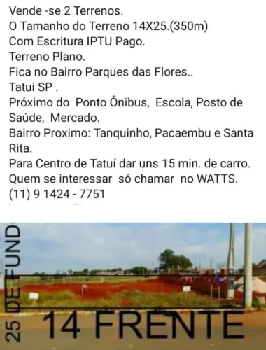 Vendo 2 terrenos em Tatuí 7X25 cada lote. 