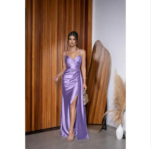 Vestido longo de festa - acetinado lavanda/lilás