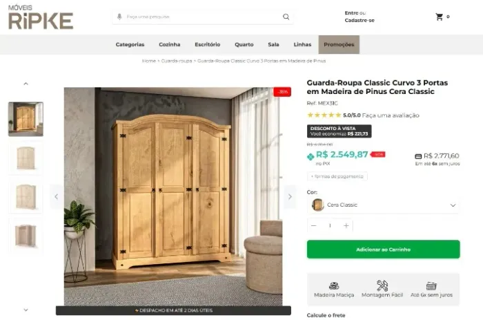 Guarda-roupas solteiro em madeira Pinus