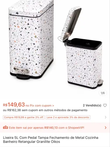 Lixeira 5L Com Pedal Tampa Fechamento de Metal Cozinha Banheiro Retangular Granilite Oikos