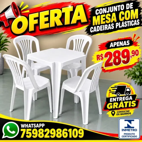 Conjunto de mesa com cadeiras plásticas branca