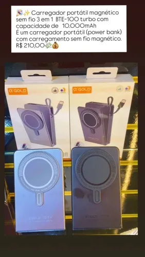 Power bank 10000mah magnético e com cabos + suporte 3 in 1