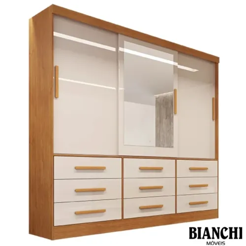 Roupeiro Casal BIANCHI 3 Portas 9 Gavetas C/ 1 Espelho 100% MDF rf43