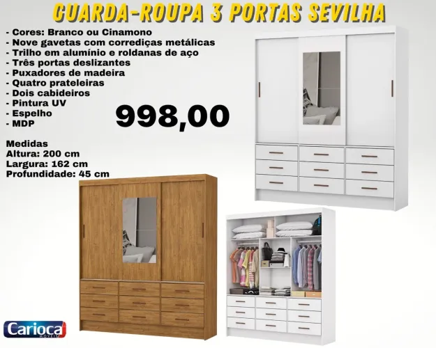 Guarda-Roupa 3 Portas Sevilla - Cinamomo/Branco. FRETE GRÁTIS ENTREGA HOJE !!!