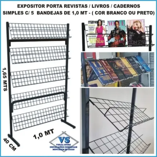 Expositor Revistas Livros com 5 Bandejas Aramadas 1,0 mt X 1,65 altura Branco ou Preto