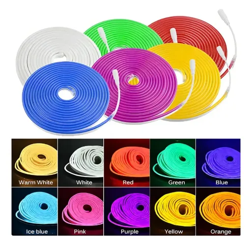 FITA LED NEON FLEXÍVEL 12V 5M CORES FIXA + FONTE DE TOMADA 3A 36W
