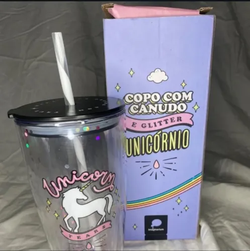 Copo Unicórnio com Canudo e Glitter - Imaginarium 500ml 