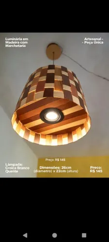 Luminária em madeira madeira com marchetaria artesanal cada peça é única