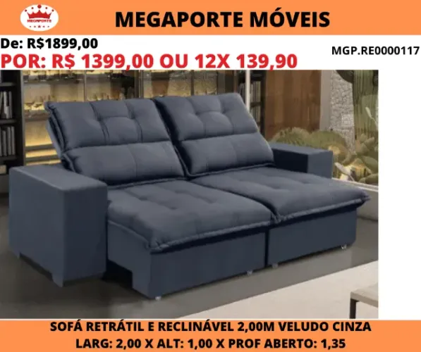 Sofá Atacama Retrátil e Reclinável 2,00m Veludo