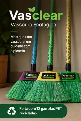 Vassoura Ecológica Vasclear, feita com 12 garrafas PET recicladas