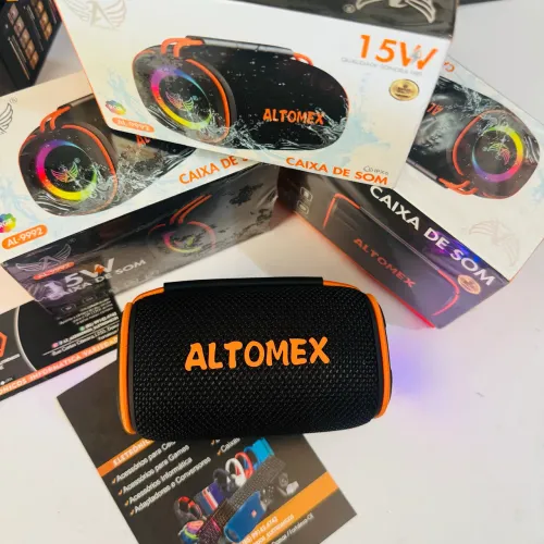 Caixinha de Som Bluetooth 15W com LEDS RGB e Rádio - Entrada USB e mini card SD - Altomex