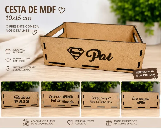 Cesta de MDF 10x15 personalizada - Presente para o Dia dos Pais
